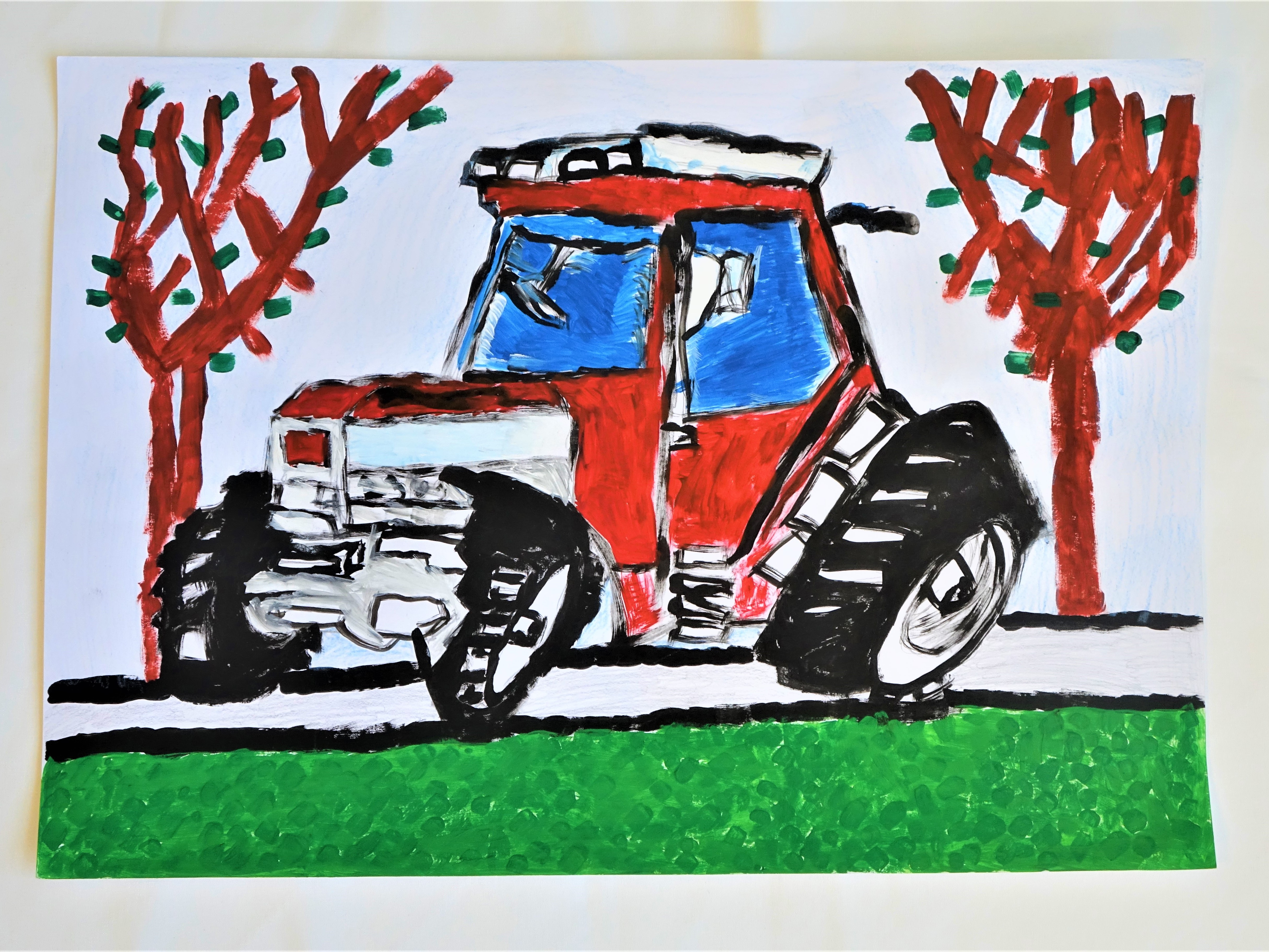 A pályázó a kedvenc traktorját rajzolta le, A4 méretben, vízfestékkel készült. A két oldalon két fa látható barna színben, középen egy traktor rajza kék és piros színekben,  fekete kerekekkel. Fehérrel rajzolt úton halad, a kép legalsó részében füves rész látható.